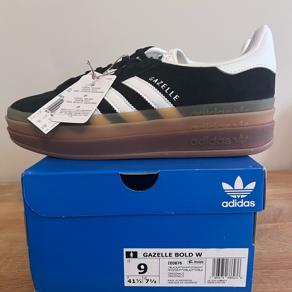 NWT and Box: Adidas Women’s Gazelle BOLD Black/White w/gum sole.